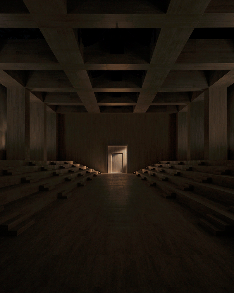 秀场空镜。与走秀时冷调的打光不同,暖灯下的空间更多了一份博物馆的静谧氛围