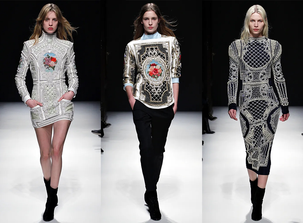 BALMAIN 2012 秋冬,盔甲式的廓形和巴洛克风格重工刺绣是 Olivier Rousteing 早期为品牌树立的标志性风格